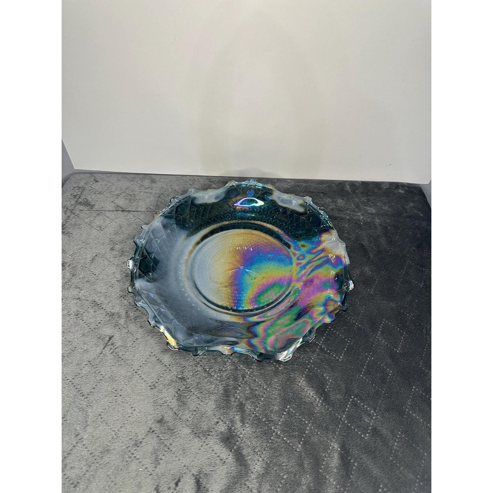 1970s Indiana Glass Co #2908 Iridescent Blue Carnival Glass Hostess Plate